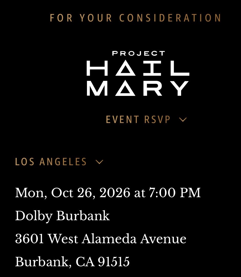 grceinspce's tweet photo. Screenings Project Hail Mary are beginning to show up under the “Events” tab in PHM’s FYC tab. 

There is a screening on 10/5 in New York &amp; 10/26 in LA

These events are ONLY for members of a guild in the film industry (I.E. DGA, PGA, SAG., etc.) and are NOT open to the public https://t.co/NZiAsa5cAq