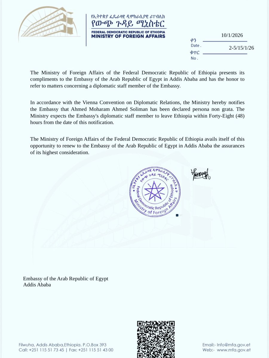 umutcagrisariii's tweet photo. #BREAKING Ethiopia has declared Ahmed Moharam Ahmed Soliman, a diplomat at the Egyptian Embassy in Addis Ababa, persona non grata and given him 48 hours to leave the country, citing the Vienna Convention on Diplomatic Relations. https://t.co/cFZceELUbp