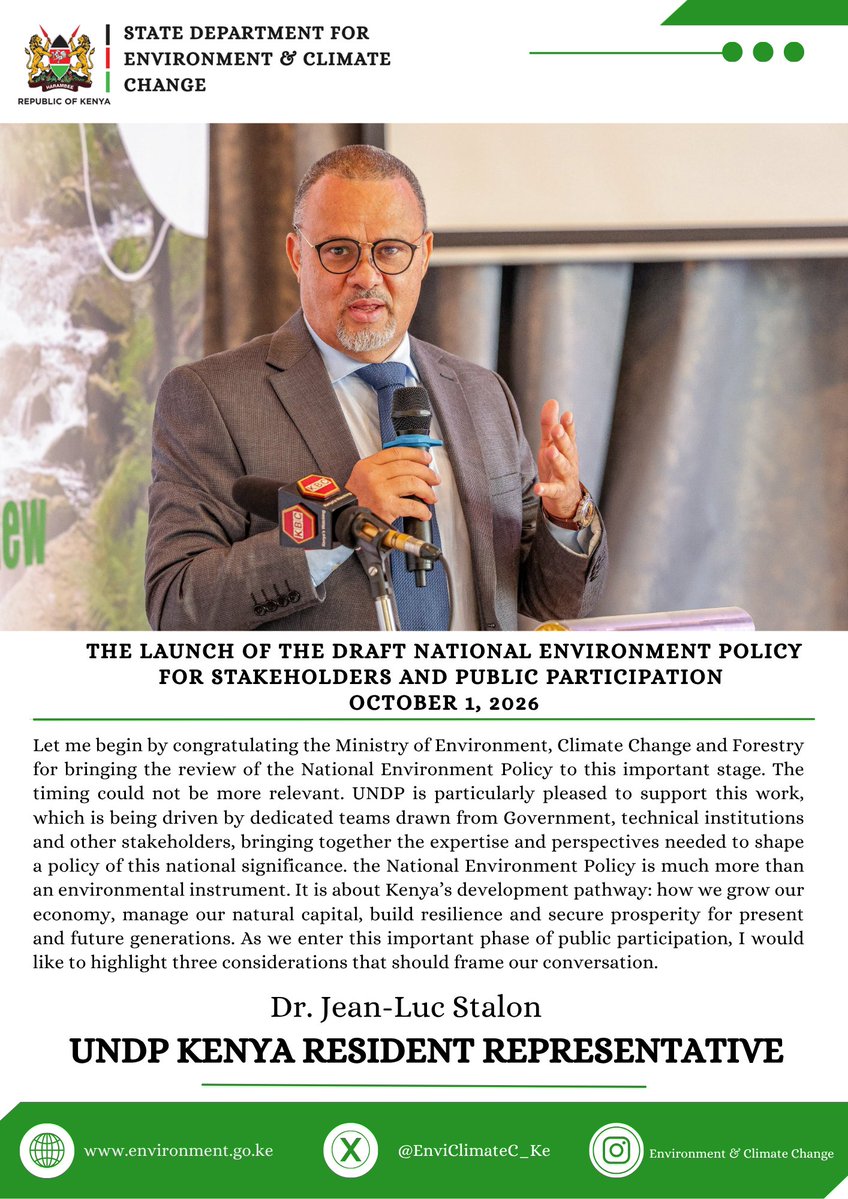 EnviClimateC_Ke's tweet photo. The #NationalEnvironmentPolicy is more than an environmental instrument, It is about Kenyaโs development pathway: how we grow our economy, manage our natural capital, build resilience & secure prosperity for present and future generations - @JLStalon, @UNDPKenya RR #NEPReview2026 https://t.co/fzQo2CnZti