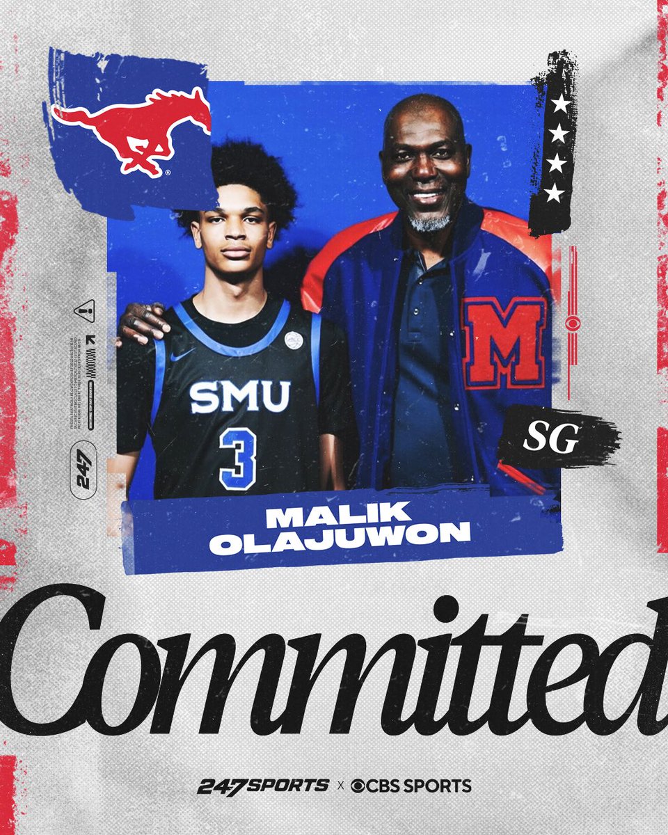 BJenkins247's tweet photo. 𝗡𝗘𝗪𝗦: Malik Olajuwon, a top ten shooting guard recruit in the national 2027 class, tells @247Sports he has committed to #SMU. 

The four-star summer stock riser is the son of NBA Hall of Fame big man Hakeem Olajuwon. 

𝗥𝗘𝗔𝗗 https://t.co/hbMBho9up9 https://t.co/wozovnEXUx