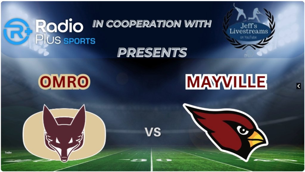 MayvilleSD1's tweet photo. Jeff's Livestreams, in cooperation with Radio Plus Sports, will live stream the football game as our Mayville Cardinals travel to Omro on Friday, 10/2/26 to take on the Foxes. Kick-off 7pm. GO CARDS!! Find them on YouTube. #mayvillecardinals #mayvilleschools #cardinalpride https://t.co/Uz7FTlTn88