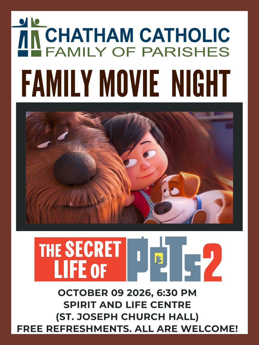 ChathamCatholic's tweet photo. Join us for our FAMILY MOVIE NIGHT taking place, Friday, October 9th, starting at 6:30 PM at the Spirit &amp; Life Centre (St. Joseph Hall).  All ages welcome!!  Enjoy free snacks and beverages!!  Watch on a 12x16 foot big screen in high definition!! https://t.co/SvrfQAXGDy