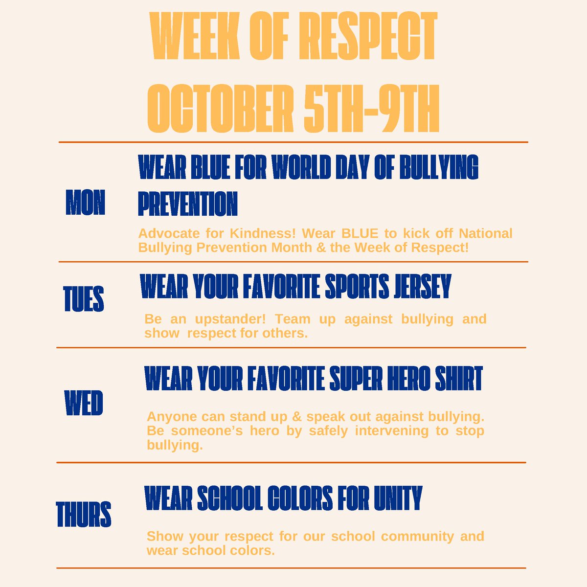 MillvillePS's tweet photo. 🌟 Next week (Oct 5-9) is #WeekOfRespect at Millville Public Schools! Join us in standing against bullying:
💙 Mon: Wear BLUE for World Day of Bullying Prevention
⚽ Tue: Wear your favorite Sports Jersey
🦸 Wed: Wear a Superhero Shirt
⚡ Thu: Wear School Colors for Unity https://t.co/XWllXZDLuH