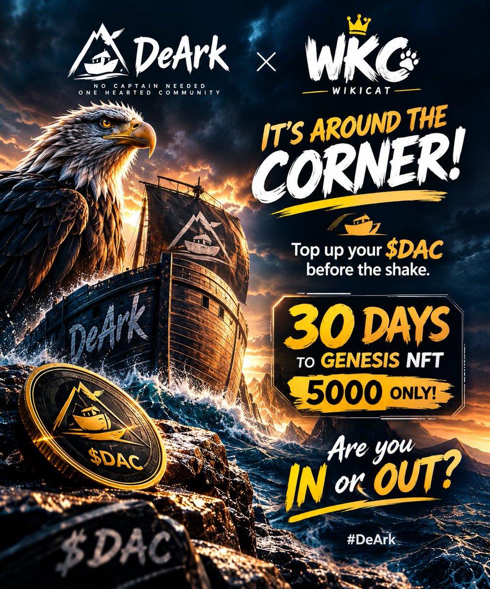 DeArkBull's tweet photo. IT’S AROUND THE CORNER! 🚨

Top up your $DAC before the shake. ⛵🔥

Ca-
0x24792377ff3AfBf4D509eA5197A0bBbe9617Cf8C

30 DAYS to the Genesis NFT — only 5,000 NFTs available.

Are you IN or OUT? 👀

#DeArk #DAC #NFT
@sirmapy https://t.co/gbfVlO303C