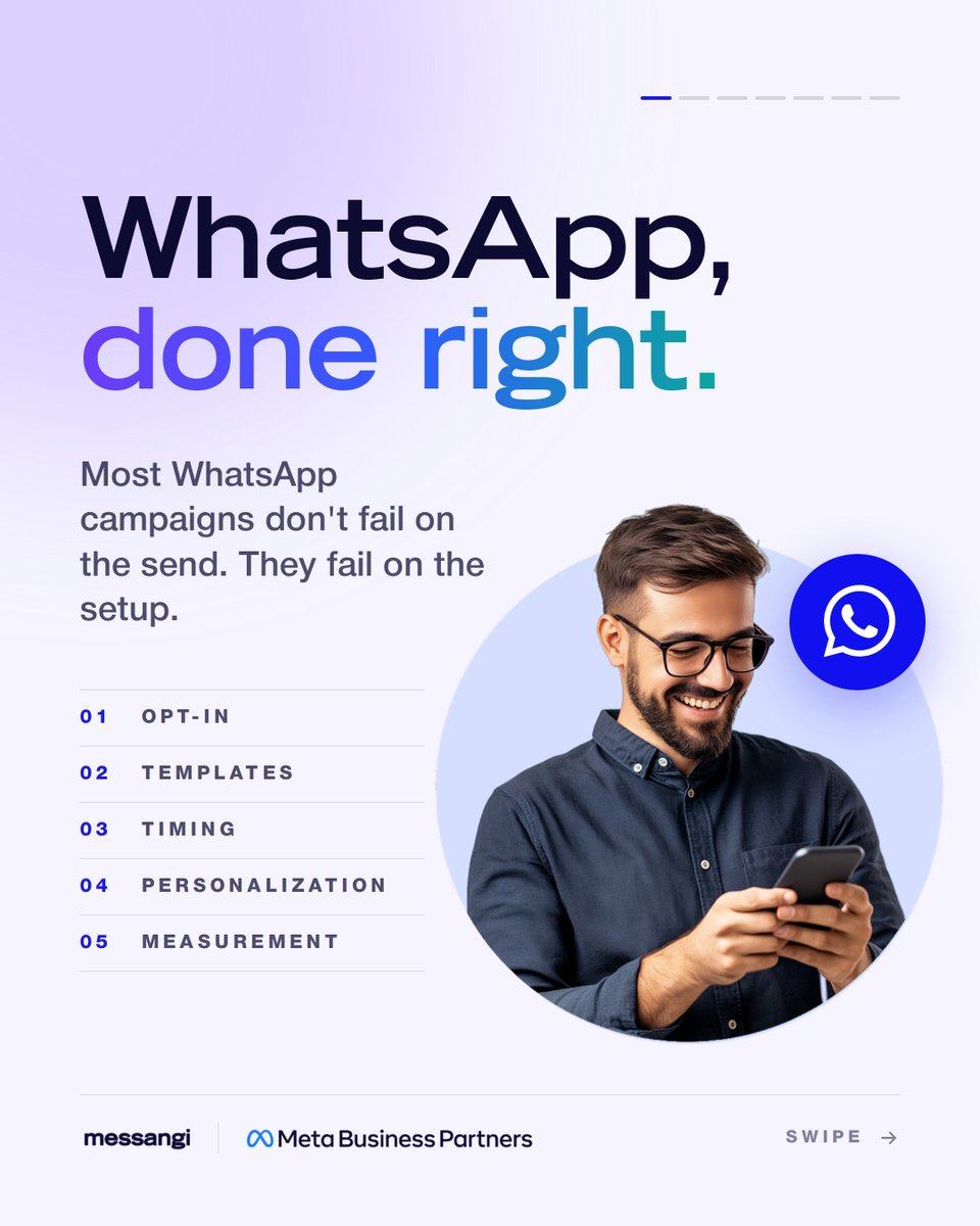 messangi's tweet photo. Setup determines WhatsApp campaign performance. 📲
Messangi pairs verified consent, approved templates, and smart timing to track replies that convert.
Trust grows through well-timed, approved messaging!
#WhatsAppBusiness #CustomerEngagement #Messangi https://t.co/bsUDlspmif
