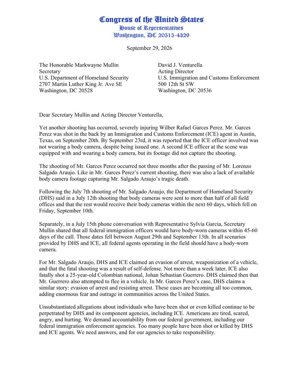 RepSylviaGarcia's tweet photo. Congress has provided more than enough funding for body-worn cameras. So where are they?

I, along with @RepCasar and Rep. @chelliepingree, sent a letter to DHS and ICE demanding answers about the lack of body cameras during recent ICE shootings.

Lorenzo Salgado Araujo was killed by ICE in my district, and our colleagues have faced serious ICE shootings in their own communities. In these cases and many others, body camera footage was not available to provide the transparency families and the public deserve.

DHS and ICE need to explain why agents in the field still are not consistently equipped with and using body cameras. Americans are tired of waiting.