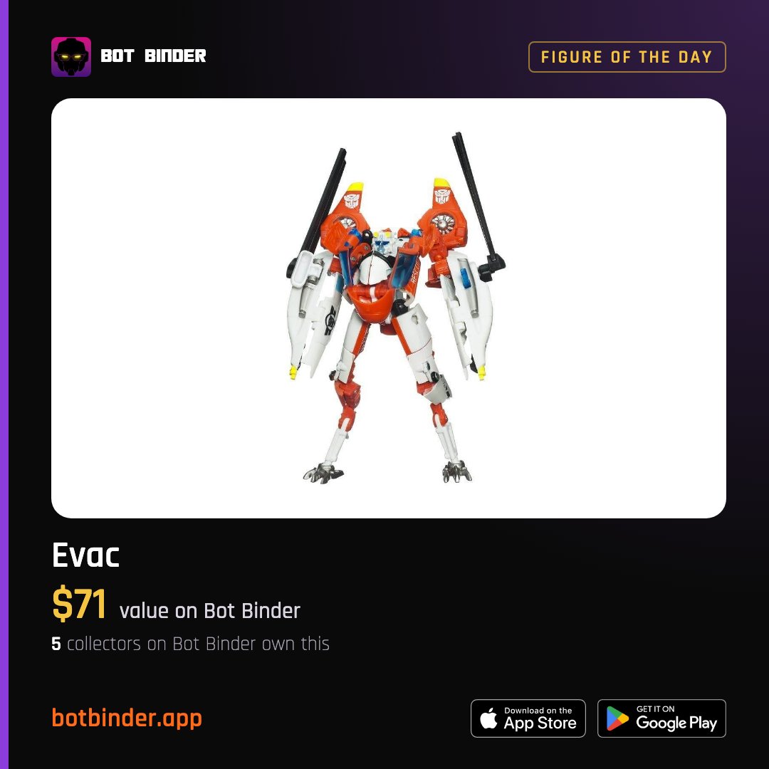 BotBinderApp's tweet photo. Figure of the day: Evac (Revenge of the Fallen). 5 collectors on Bot Binder own one, valued around $71.

https://t.co/VzE5niM5JX
#Transformers #Evac

Catalog your own collection. Join us on Bot Binder. https://t.co/yLH08OuXAA