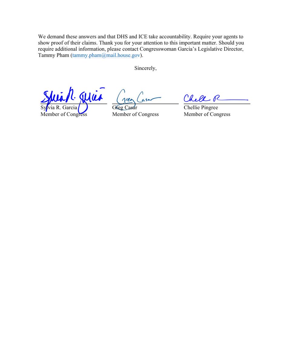 RepSylviaGarcia's tweet photo. Congress has provided more than enough funding for body-worn cameras. So where are they?

I, along with @RepCasar and Rep. @chelliepingree, sent a letter to DHS and ICE demanding answers about the lack of body cameras during recent ICE shootings.

Lorenzo Salgado Araujo was killed by ICE in my district, and our colleagues have faced serious ICE shootings in their own communities. In these cases and many others, body camera footage was not available to provide the transparency families and the public deserve.

DHS and ICE need to explain why agents in the field still are not consistently equipped with and using body cameras. Americans are tired of waiting.