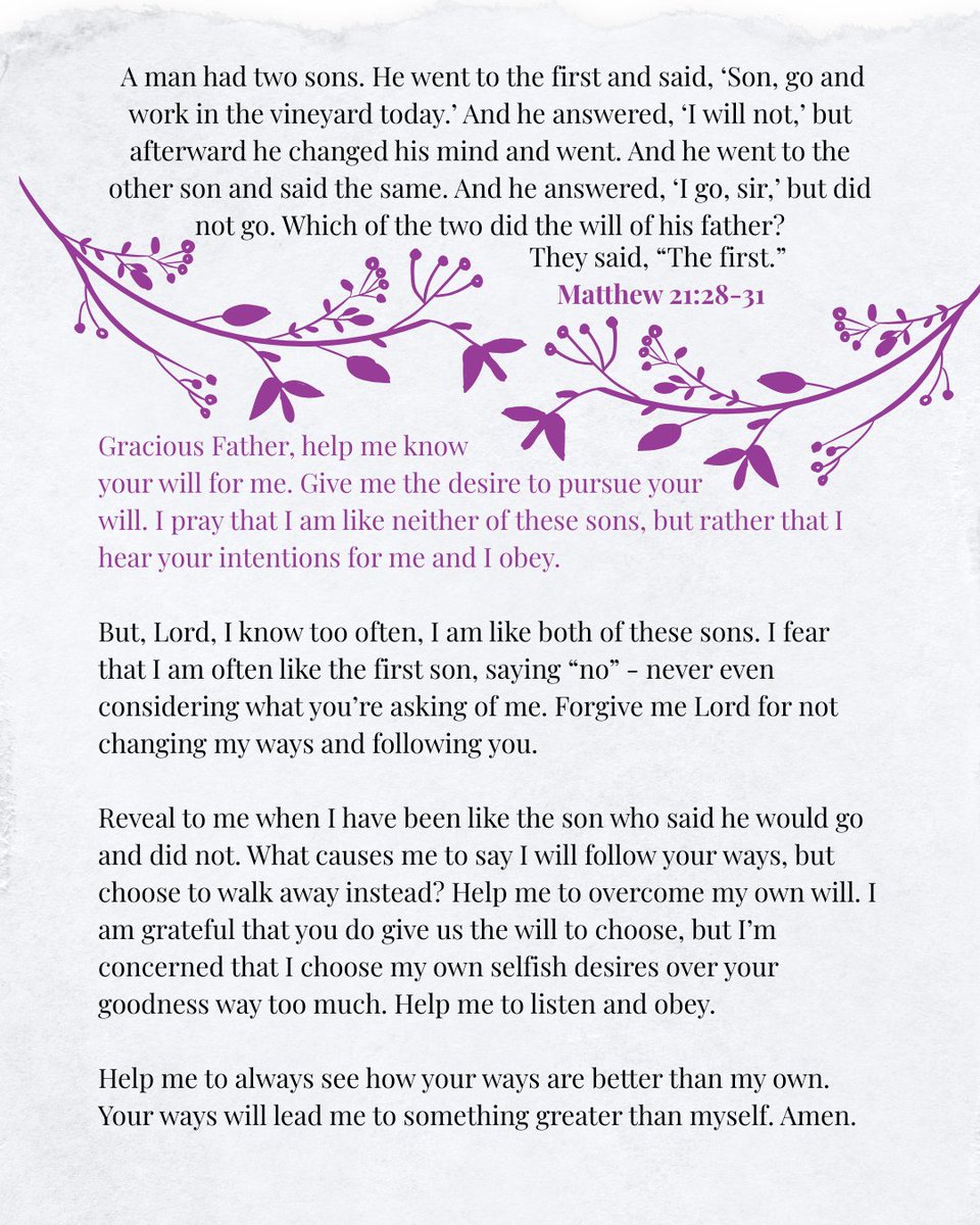 niNeChristian's tweet photo. Gracious Father, help me to know and pursue your will. Forgive me for often choosing my own desires over your path. Teach me to listen and obey, for Your ways are always better. Amen. 🙏 #BeStill #PrayerChallenge #Matthew21 https://t.co/VfShHeL6ip