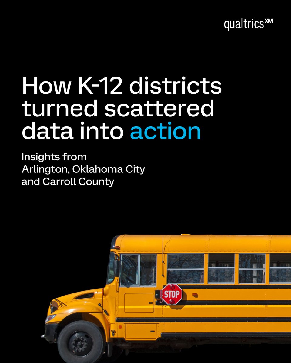 Qualtrics's tweet photo. Most school districts collect data. Few can actually use it in real time. See how @APSVirginia, Oklahoma City Public Schools, and @carrollschools are using our XM platform to identify struggling students early, decrease admin work, and build trust within their districts.
https://t.co/en03GQ8dIT  #Qualtrics