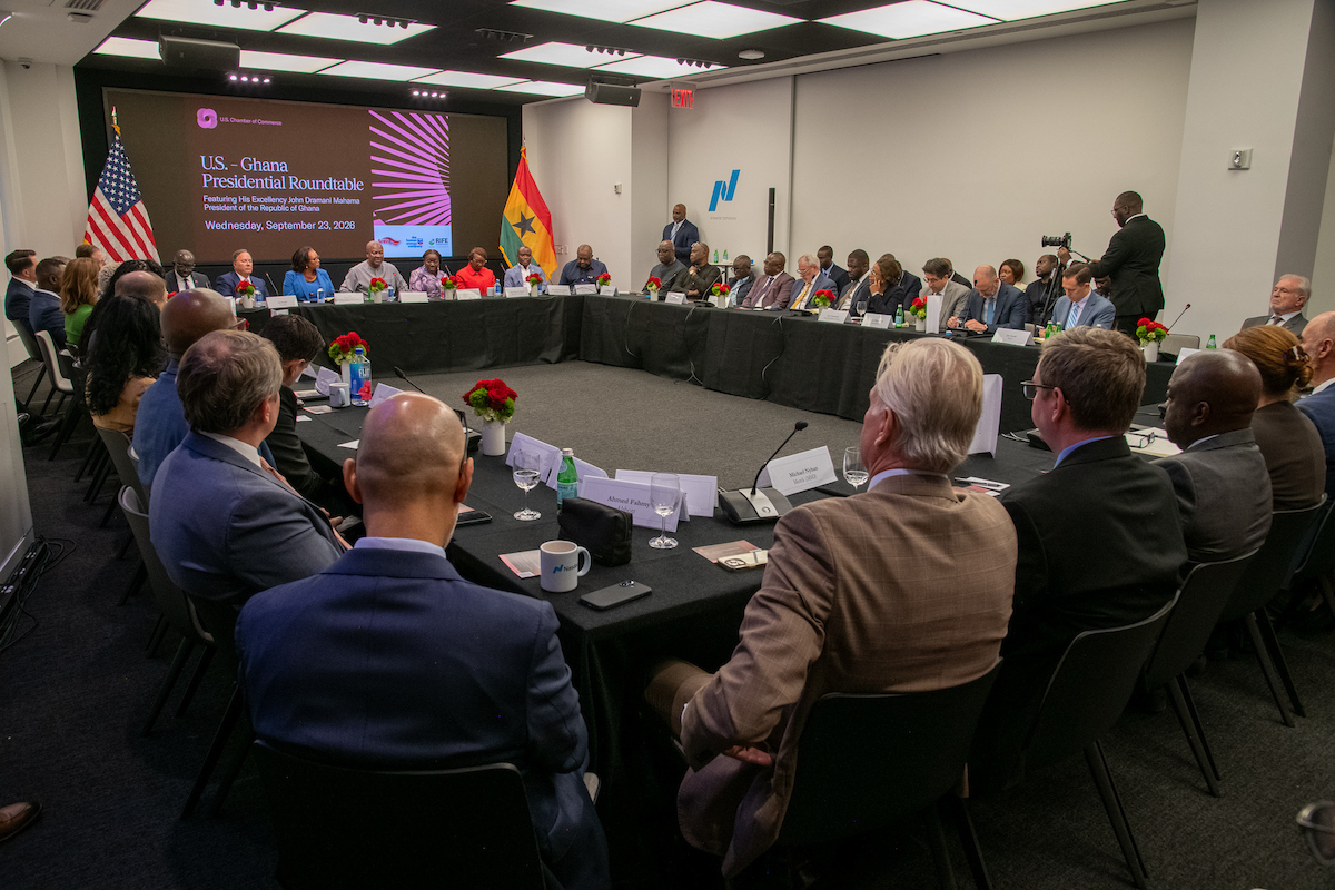 USChamberAfrica's tweet photo. The U.S. Chamber’s U.S.-Africa Business Center was honored to convene the U.S.-Ghana Presidential Roundtable with H.E. John Dramani Mahama, President of the Republic of Ghana, during #UNGA2026. https://t.co/roHSlZomti