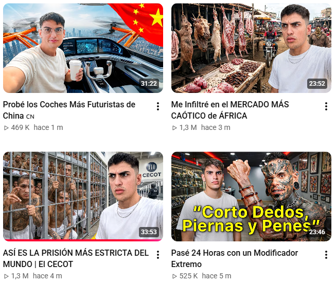 xtreze61's tweet photo. No soy experto, ni siquiera tengo experiencia con clientes reales, pero voy a analizar lo que veo en esta captura sacada del canal de @RoyKiHD.

Lo primero en lo que solemos fijarnos son las visitas, los títulos y las miniaturas, son la cara visible del contenido.

Viendo estas cuatro miniaturas, hay algunas cosas que me llaman la atención.

Por ejemplo, en la miniatura de los cerdos colgados aparece exactamente la misma imagen de Royki que en la miniatura de la prisión. De cara al público y a las marcas, creo que esto puede hacer que el canal se vea repetitivo o menos profesional. Habría sido interesante utilizar una imagen diferente para cada concepto, buscando una expresión o encuadre más relacionado con cada vídeo.

Otro ejemplo es la miniatura de arriba a la izquierda. El concepto me parece bueno, pero no hace falta fijarse demasiado para darse cuenta de que no resulta muy creíble que una persona pueda estar haciéndose un selfie de pie mientras se toma algo dentro de un coche volador. Yo, en cambio, le habría puesto sentado en uno de los asientos.

Creo que habría otras formas de representar la situación que mantuvieran la idea de los coches futuristas, pero de una manera más creíble y atractiva.

Una miniatura no tiene que representar literalmente lo que ocurre en el vídeo, pero sí debería conseguir transmitir la idea de una manera que resulte creíble y atractiva.

Evidentemente, esto es solo mi opinión y mi análisis. No estoy diciendo que yo supiera hacerlo mejor, porque precisamente estoy aprendiendo, pero sí creo que yo habría tenido estos puntos en cuenta.

Con esto no quiero criticar o menospreciar ni a Royki ni a su equipo, su contenido es excelente y los números lo demuestran, solo quería dar mi opinión.