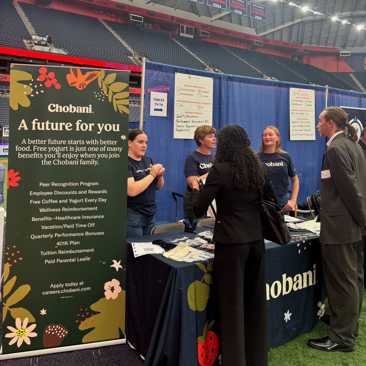iSchoolSU's tweet photo. iSchool students chatted and networked with employers including Synchrony, Micron, Epic, National Grid and Chobani at Syracuse’s career fair in the Dome. We also spotted some familiar faces: iSchool alumni back on campus representing their companies! https://t.co/2wvbR92n8C