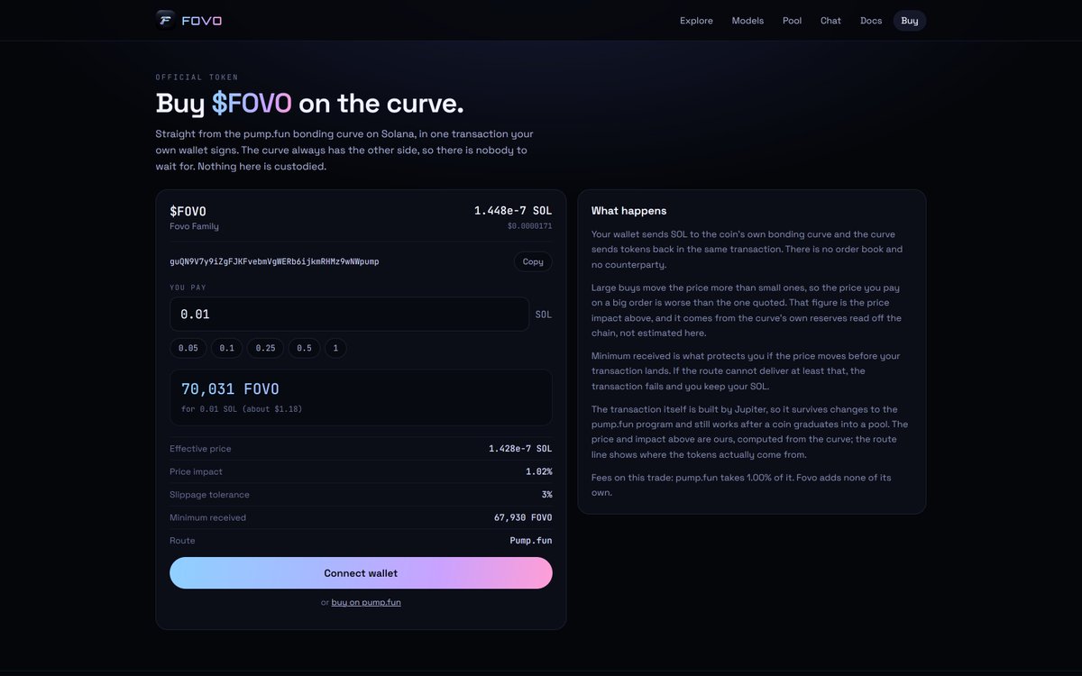 fovofomo's tweet photo. buying $FOVO no longer means leaving our site.

CA: guQN9V7y9iZgFJKFvebmVgWERb6ijkmRHMz9wNWpump

connect a wallet, type an amount, sign. the swap routes to the https://t.co/5zZwS2Lj3i curve and the page tells you how many tokens you get before you sign, not after. we never hold your keys and never touch your sol.

https://t.co/UNKh1cNmBx
