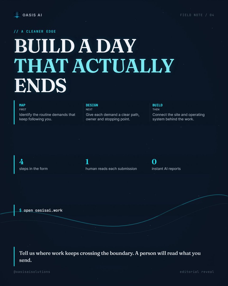 Conaugh90210's tweet photo. Sometimes work gets your patience, and the people you love get whatever remains. That is not just a time problem. OASIS builds systems that keep routine work from following you home. https://t.co/IFE1N3jDBn

#automation #founderlife #consistency #founderjourney https://t.co/wG3j1183X1