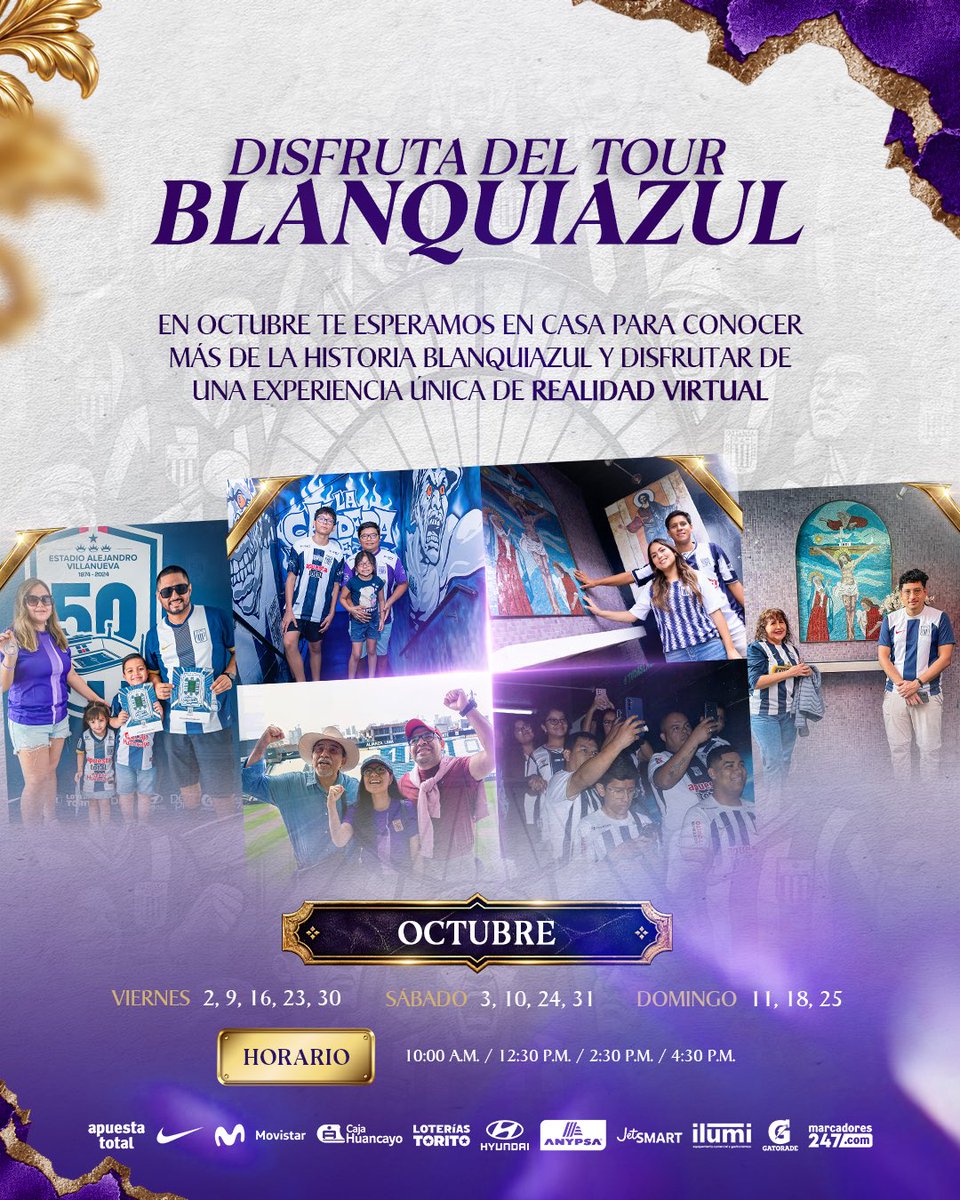 ClubALoficial's tweet photo. ¡𝐄𝐧 𝐨𝐜𝐭𝐮𝐛𝐫𝐞! 💜🙏🏾

Recorre nuestra historia, conoce cada rincón de casa y vive una experiencia blanquiazul diferente con el 𝐓𝐨𝐮𝐫 𝐁𝐥𝐚𝐧𝐪𝐮𝐢𝐚𝐳𝐮𝐥, que este mes llega con una experiencia única de realidad virtual. 😍🥽

📅 Revisa las fechas y horarios disponibles en la gráfica. 

▶️ https://t.co/i0KtNyAPC6

#TourBlanquiazul 
#AlianzaLima 
#DevociónEterna