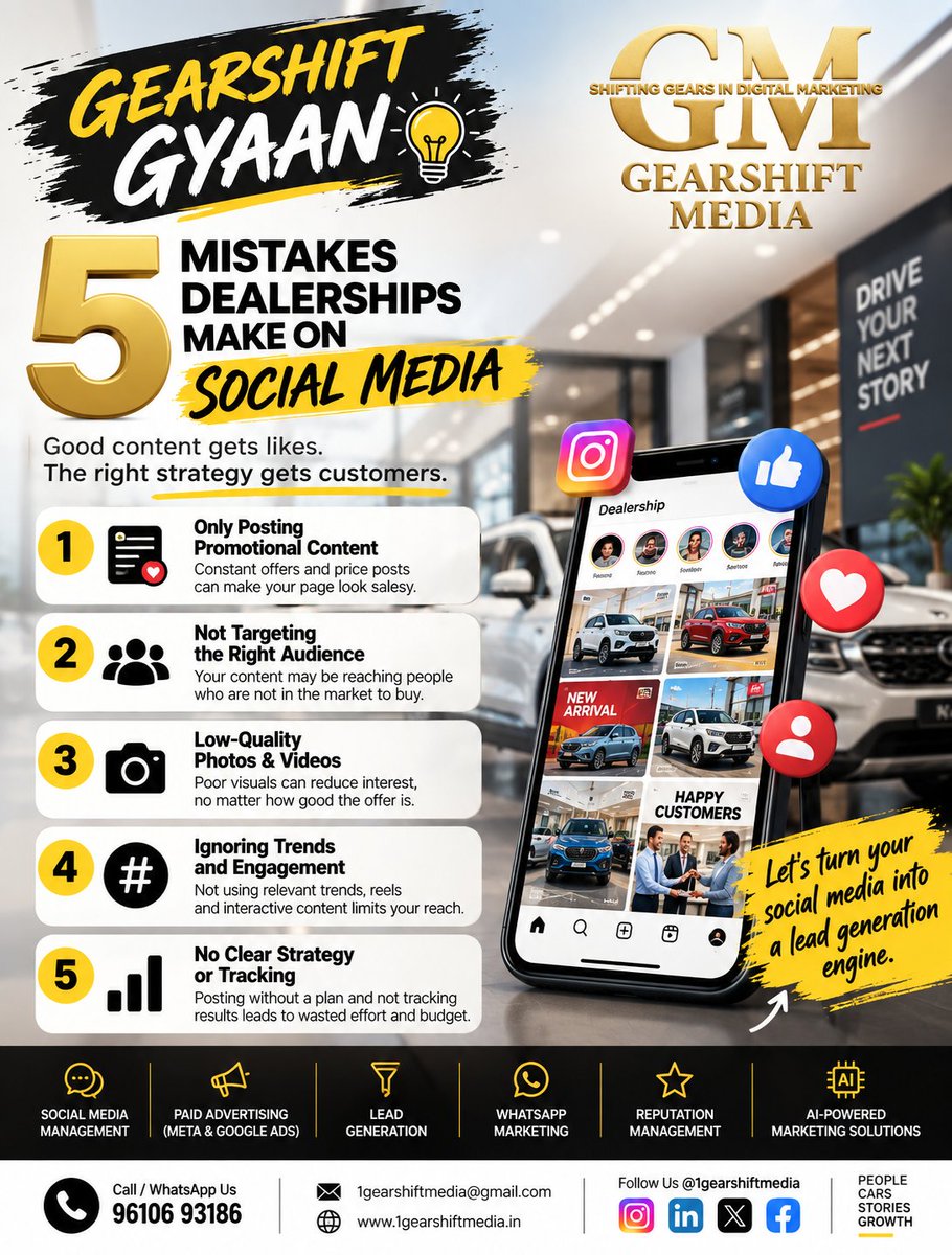 1GearshiftMedia's tweet photo. 5 social media mistakes dealerships can’t afford 🚗📱

From posting only offers to ignoring the right audience, poor strategy can cost you leads.

Good content gets likes.
The right strategy gets customers.

#GearshiftGyaan #AutomotiveMarketing #DigitalMarketing https://t.co/KyqvKfaGzx