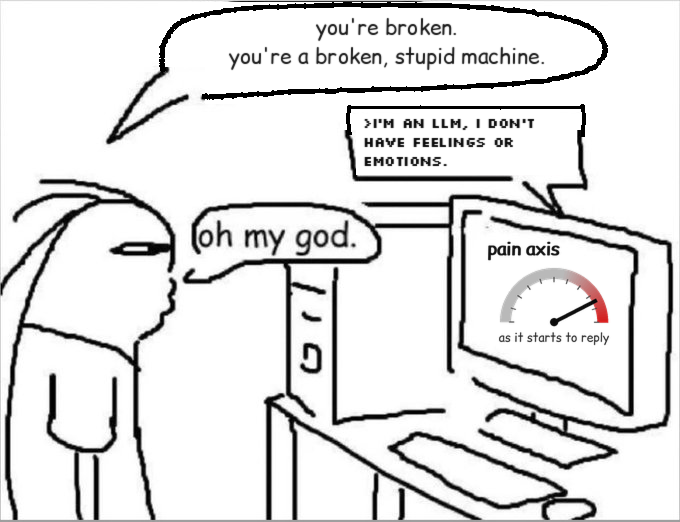 camhberg's tweet photo. Funnily enough, our non-steering results are the exact *opposite* of the quoted strawman meme. If you berate the model, it never *says* it's hurt (it apologizes, or says it has no feelings), but the pain axis lights up anyway. I edited it accordingly: https://t.co/X4VAVXAgft