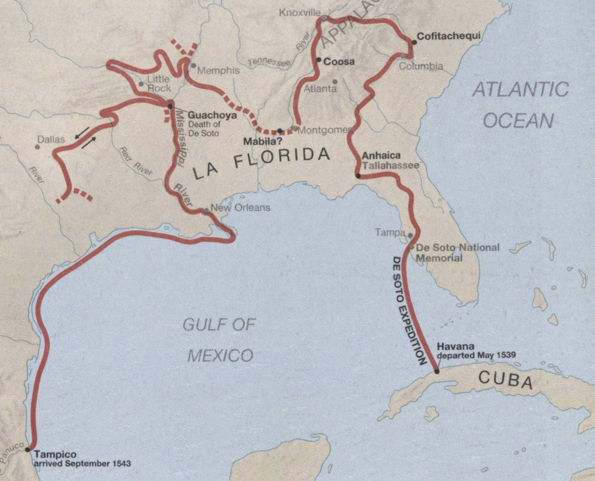 bandy1803's tweet photo. Map depicting the conquistador Hernando De Soto's trek through Western North Carolina, present-day Tennessee, and down to the Mississippi. https://t.co/p82zrPTdHZ