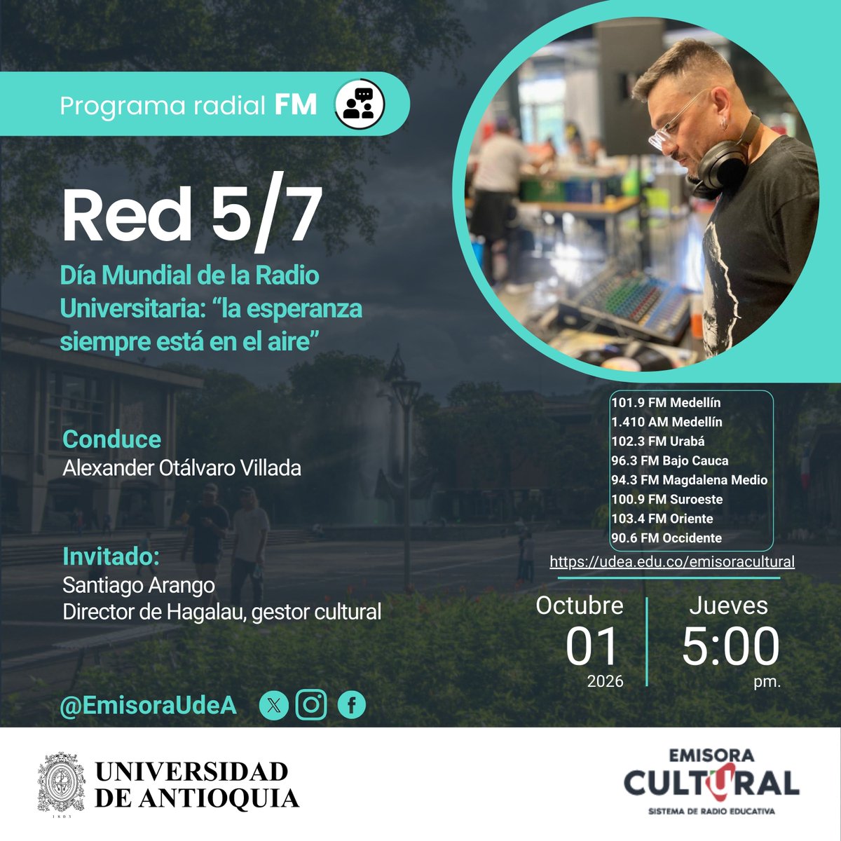 emisoraudea's tweet photo. #Red57 | Desde 2012 se celebra el Día Mundial de la Radio Universitaria. Este año su lema es "la esperanza siempre está en el aire" y reunirá a más de 700 estaciones de radio en más de 40 países del mundo. Además hoy seguimos nuestro recorrido en el #ClimateWeek de Medellín. https://t.co/EWOzZEHnXb
