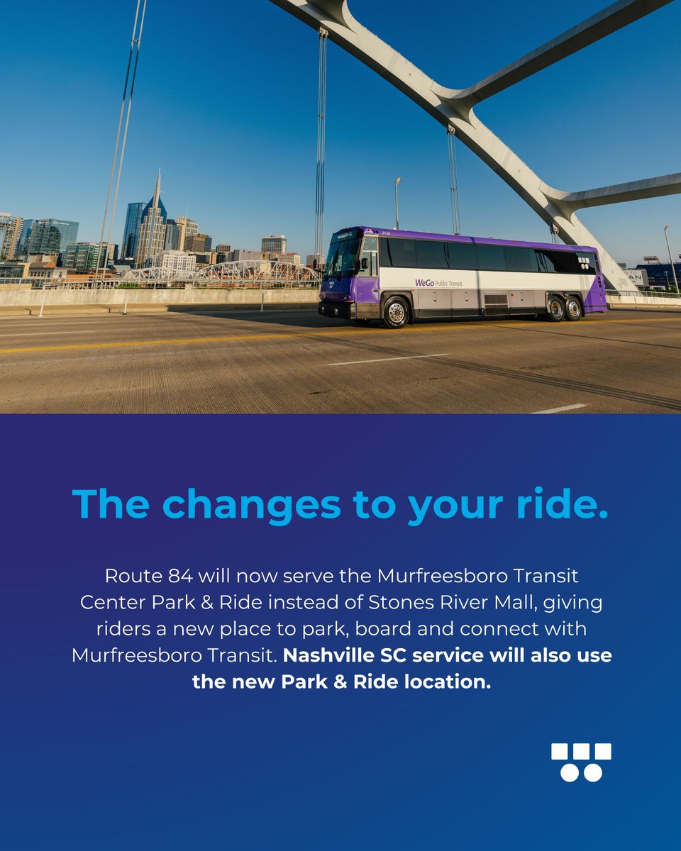 WeGoTransit's tweet photo. Route 84 riders, heads up! 📍🚌

Your Murfreesboro Park &amp; Ride is getting a new home. Swipe through to see what’s changing and what you need to know before your next trip.

Save this post and share it with a fellow rider!
#Transittogether #rollwithwego https://t.co/ULxqh9vwFL