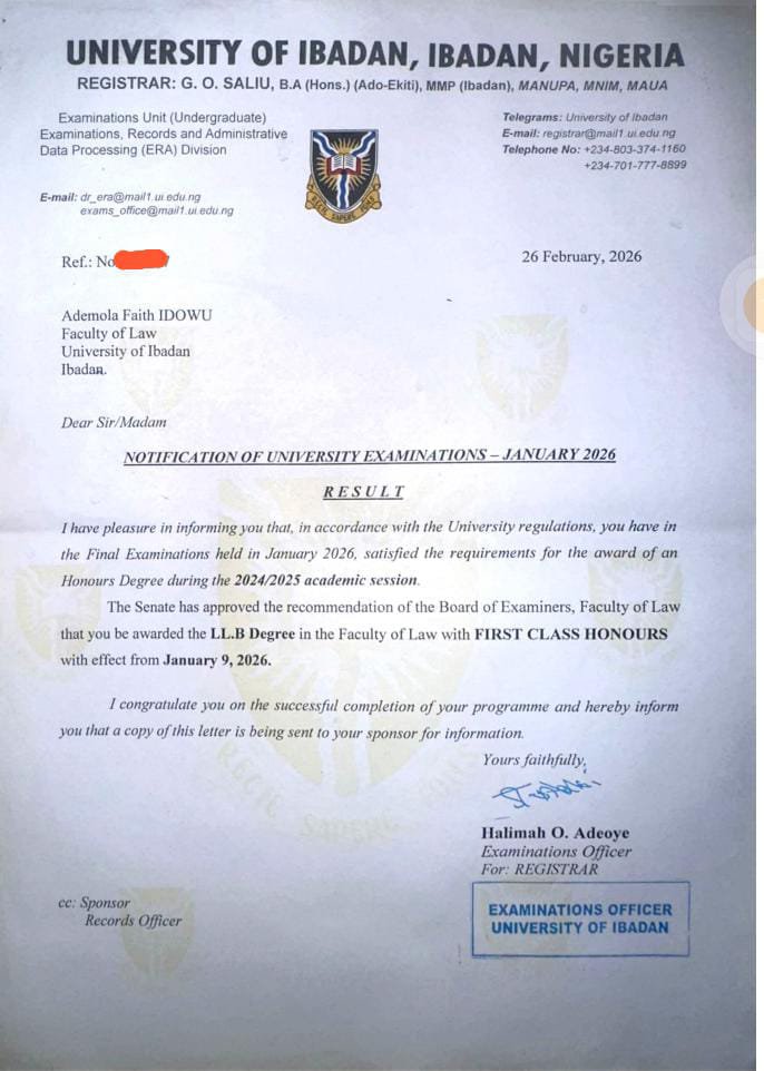ademolaphocus's tweet photo. @akintollgate Ademola 'Phocus' IDOWU is my name, Sir. I graduated with a first-class degree in Law from the University of Ibadan, in January 2026, after a very-adventurous undergraduate experience. Please, find attached my statement of result.

I look forward to hearing from you, Sir. https://t.co/uE0Vw3qRTZ