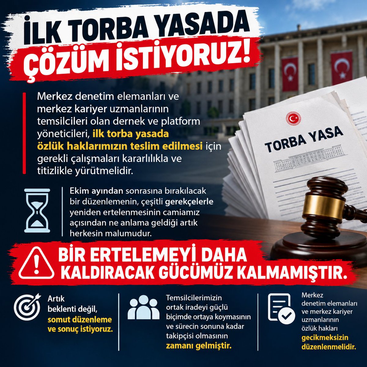 HuniliUzman's tweet photo. İLK TORBA YASADA ÇÖZÜM İSTİYORUZ!

Merkez denetim elemanları ve merkez kariyer uzmanlarını temsil eden dernek ve platform yöneticileri, özlük haklarımızın teslim edilmesi için gerekli çalışmaları artık kararlılıkla sonuçlandırmalıdır.

Ekim ayından sonrasına bırakılacak bir düzenlemenin yeniden ertelenmesini kabul edecek durumda değiliz.

Bir ertelemeyi daha kaldıracak gücümüz kalmamıştır.

Artık beklenti değil, somut düzenleme ve sonuç istiyoruz.

Temsilcilerimizden beklentimiz nettir:
Ortak iradeyi güçlü biçimde ortaya koyun, sürecin sonuna kadar takipçisi olun.
#MerkezKariyerUzmanları #DenetimElemanları #ÖzlükHakkı #TorbaYasa