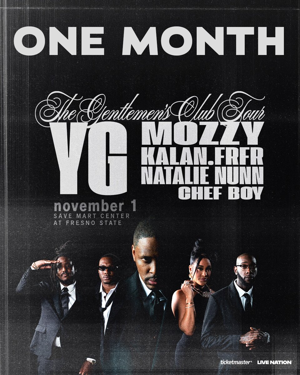 savemartcenter's tweet photo. ONE MONTH OUT! 🔥

The Gentlemen's Club Tour hits the Save Mart Center on November 1st! YG, Mozzy, Kalan.FrFr, Natalie Nunn, and Chef Boy are bringing the heat to Fresno! 

Mark your calendars! 💙 https://t.co/vEnV9mq2fo

#GentlemensClubTour #SaveMartCenter #SMCRocks https://t.co/HrSnqqBw5S