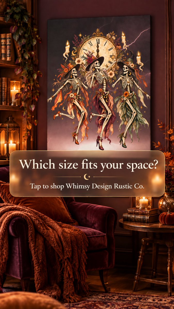 WhimsyRusticCo's tweet photo. Spooky, elegant, and a little whimsical. 🕯️💀 Three floral witch skeletons dance beneath a vintage clock on this rich plum canvas. Available in 12×16, 16×20, and 18×24. Created with AI assistance from my original concept.
Shop: https://t.co/qdwEzrGGBp https://t.co/XPHX527GK7