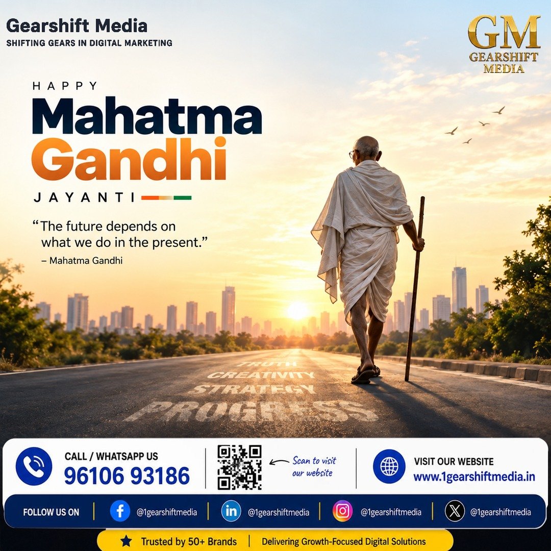 1GearshiftMedia's tweet photo. On this Gandhi Jayanti, let’s remember: meaningful change begins with what we do today.

Let’s build with truth, purpose, creativity &amp; strategy — and turn ideas into impact.

#GandhiJayanti #MahatmaGandhi #DigitalMarketing #GearshiftMedia https://t.co/mPlqqDVRiA