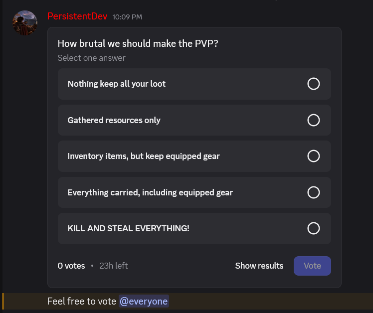 TheAethraQuest's tweet photo. Just opened up a poll in the discord. 

This will effect future updates so need your guys feedback first

How brutal should PVP be? https://t.co/cSJO4jQ2zk