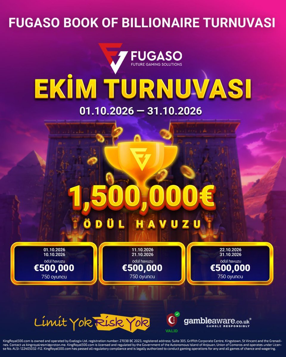 KRoyal_TR's tweet photo. FUGASO EKİM TURNUVASI KINGROYAL’DE!

Book of Billionaire Turnuvası Ekim boyunca devam ediyor!
Toplam 1.500.000€ ödül havuzu

3 etapta 750’şer oyuncu
1 – 31 Ekim 2026

Güncel giriş profilde!
#Kingroyal https://t.co/4v9rUcqqbQ