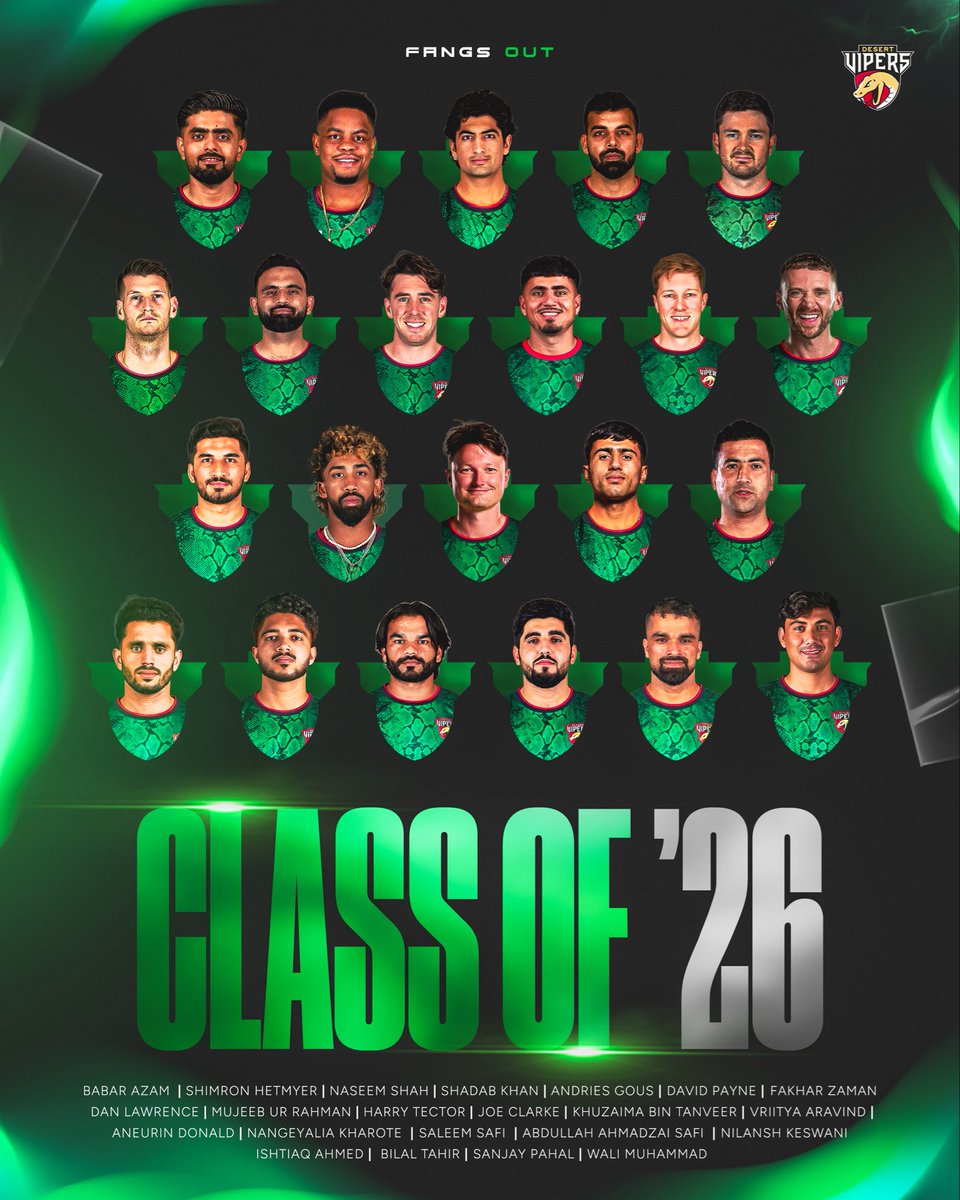 TheDesertVipers's tweet photo. #FangsOut Squad for Season 5 💚

Time to defend the #DPWorldILT20 Title 🏆

#DesertVipers #FangsOut #DPWorldILT20Auction https://t.co/viA36wBEvI