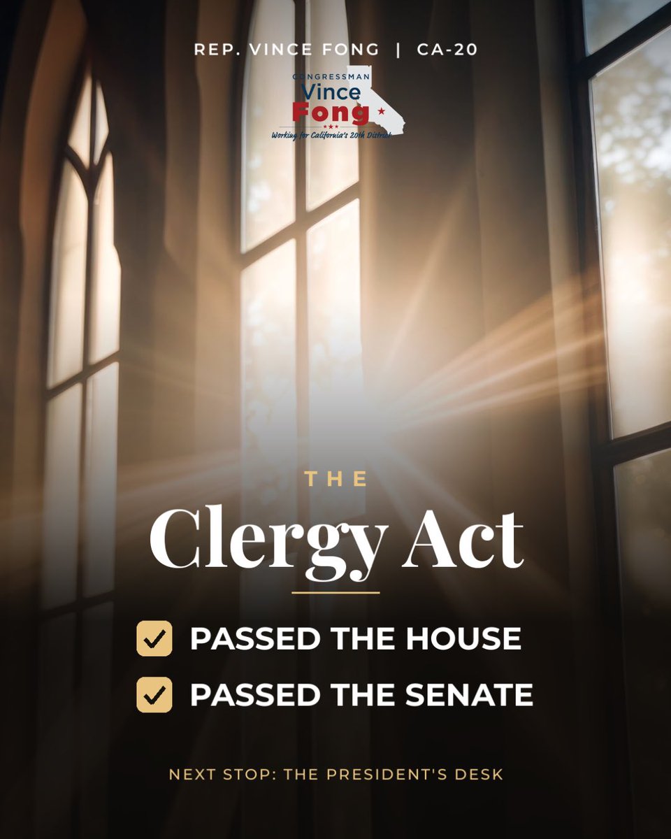 PaulChappell's tweet photo. Several years ago, I approached @SpeakerMcCarthy about the need to help pastors who had been improperly guided to leave Social Security years ago. Together with Congressman McCarthy, and then in recent years with @RepVinceFong, we have worked to see the Clergy Act passed.

The Clergy Act will allow eligible clergy to re-enroll in Social Security, giving them access to benefits, including Medicare, in their senior years.

I’m thrilled that the Clergy Act has now passed the Senate. I expect the President will sign it into law, and I encourage pastors who are eligible to take advantage of its benefits.