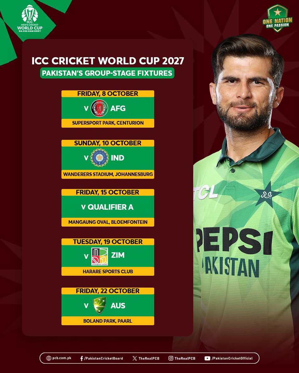 TheRealPCB's tweet photo. Mission ICC Men's Cricket World Cup 2027 🏆🏏

Pakistan's group-stage fixtures for the marquee event 🗓️

#CWC27 | #PakistanCricket | #BackTheBoysInGreen https://t.co/GG5Cb7Yh8K