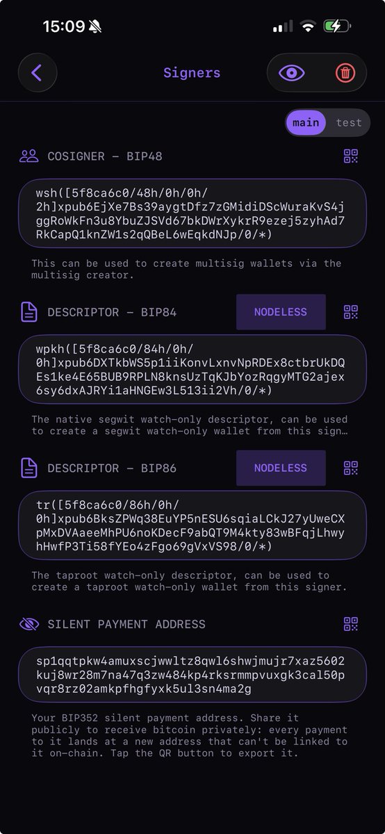 Fonta1n3's tweet photo. Signers in @FullyNoded got a UI makeover and more importantly Silent Payment addresses!! 😍 https://t.co/ZXudnEBE3y