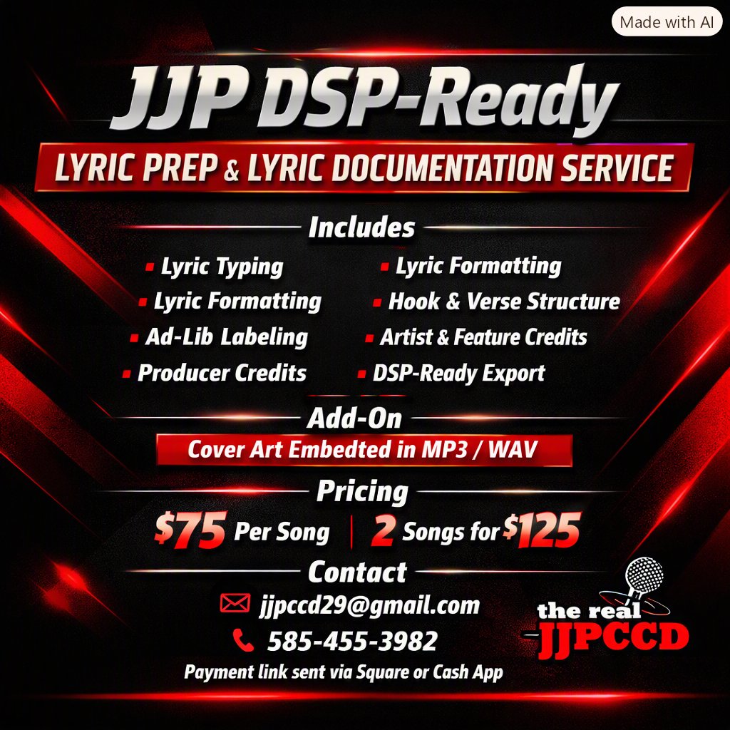 jjpccd's tweet photo. 🌟 Happy first of the month!
I’m dropping a brand new service for all my creatives.JJP DSP‑Ready Lyric Prep &amp; Lyric Documentation Service is now live.#JJPCCD
#DSPReady
#LyricPrep
#ExplorePage
#CreativesOnly https://t.co/uq0SGWQSrJ