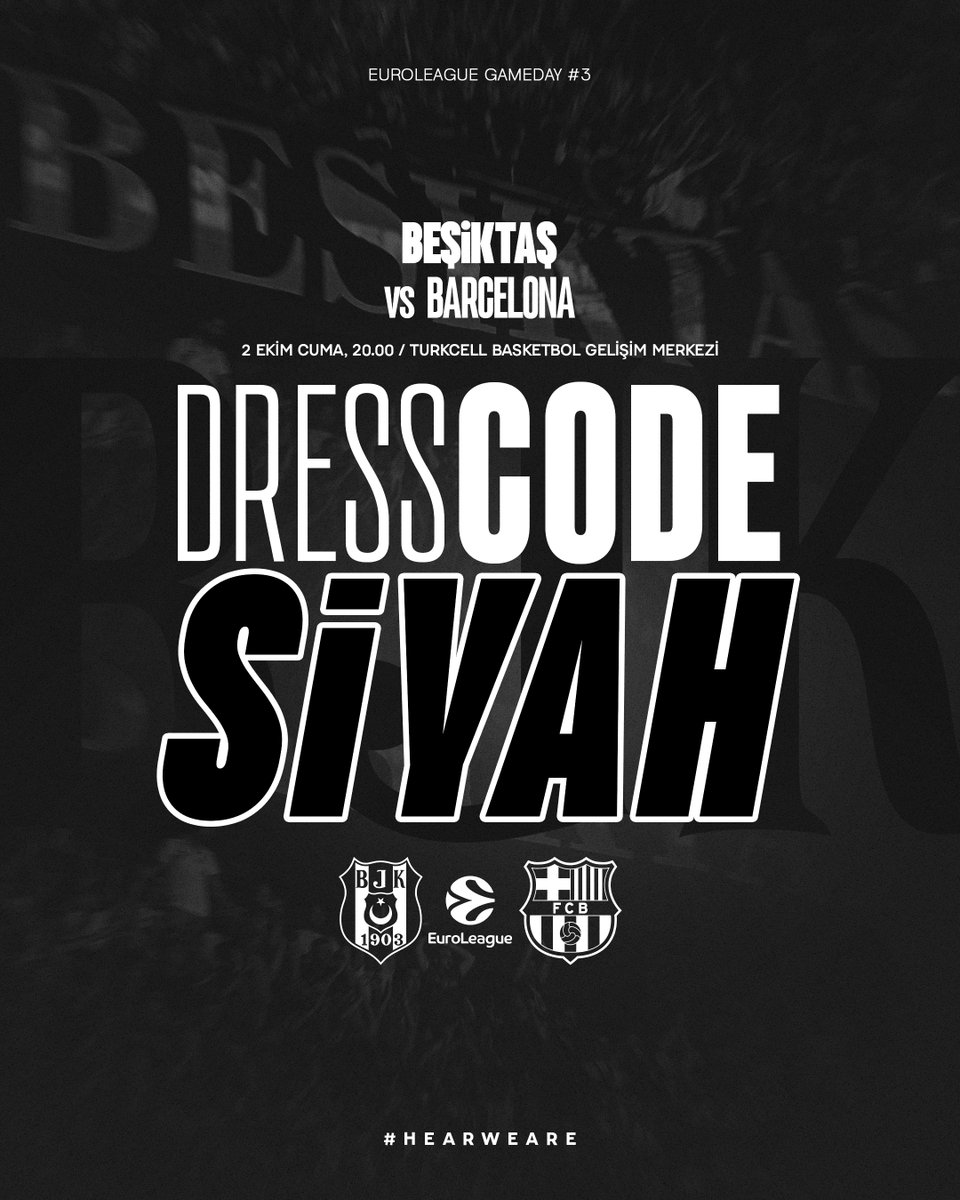 BJK_Basketbol's tweet photo. Dress Code: Siyah 🖤

Barcelona karşılaşmasına gelecek tüm taraftarlarımızı siyah giyinerek Turkcell Basketbol Gelişim Merkezi'ne bekliyoruz.

⚫️ Siyahını giy, yerini al! https://t.co/iQT73S0p2i