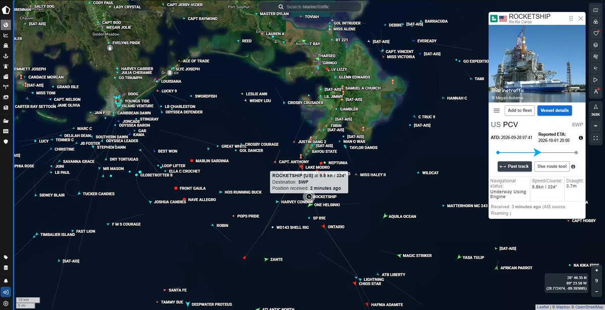 CheckRideAir's tweet photo. T+79 hours RocketShip is approaching Southwest Pass, the beginning of the river transit portion of the trip back to Decatur for more rocket hardware.
#maritime #southwestpass #rocketshipping #ULARocketShip https://t.co/2tHGZGkzee