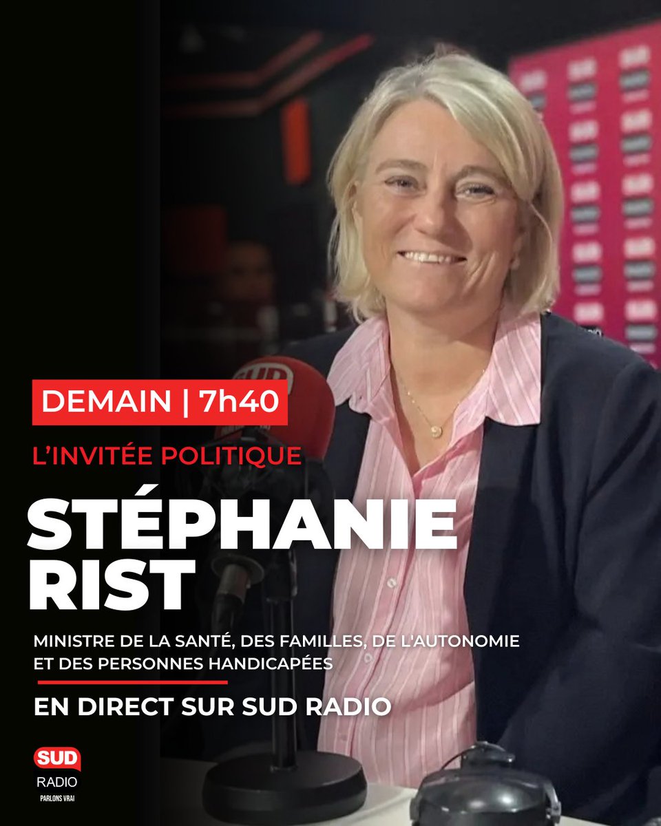 SudRadio's tweet photo. 🎙️Stéphanie Rist, Ministre de la Santé, des Familles, de l'Autonomie et des Personnes handicapées, sera demain l'invitée de @JacquesCardoze à 7h40

❓ Vous voulez poser une question à notre invité ? RDV en commentaire ou sur le répondeur au 0 826 300 300 https://t.co/hB3W5OSs2o