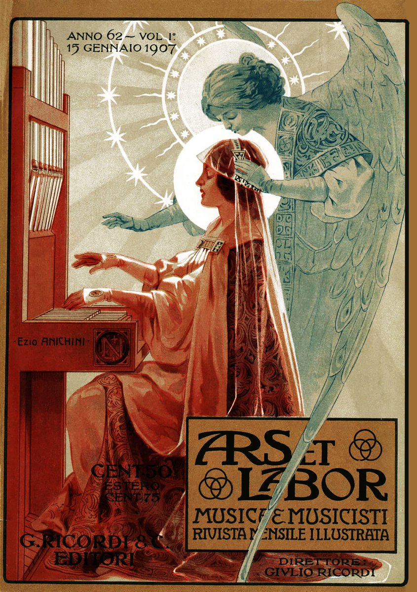 Estetism_jp's tweet photo. イタリアにミュシャに比肩し得るイラストレーターがいたとは知りませんでした。その名はエツィオ・アニキーニ（1886〜1948）。グラフィック作家として演劇誌『Scena Illustrata』のイラストを担当。その表紙絵があまりにも耽美。大胆な構図と鮮烈な色彩。まるで象徴主義とアール・ヌーヴォーの幸福な結婚のような画風。大好物です。