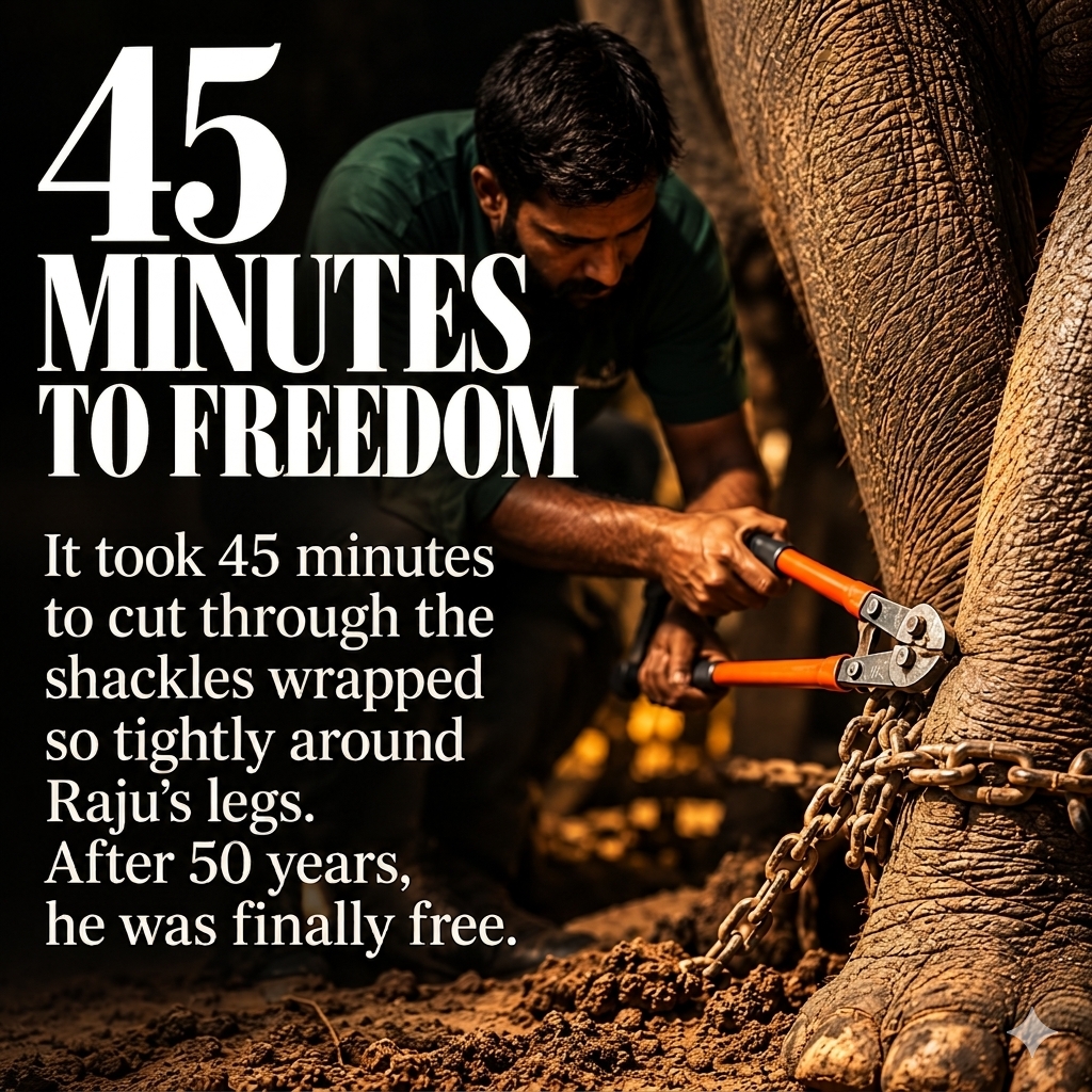 MerandaDevan's tweet photo. 🐘 50 YEARS IN CHAINS.

Raju spent five decades as a begging elephant in India.

Then rescuers came.

It took 45 minutes to cut away the shackles around his legs. As the chains fell, rescuers saw tears on his face.

50 years captive. 45 minutes to freedom.

There is still good. https://t.co/uPqfxcdCby