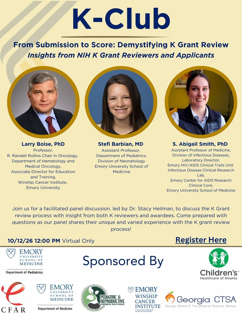 Georgia_CTSA's tweet photo. Do you have questions about the K Grant review process? Join us for the October K-Club!   

📣Panelists: Stacy Heilman (facilitator), Larry Boise, Stefi Barbian, and S. Abigail Smith 
🗓️October 12 | 12-1 PM | Zoom 
🔗Register: https://t.co/2hBFLCNU8c https://t.co/ej7BVF0emR