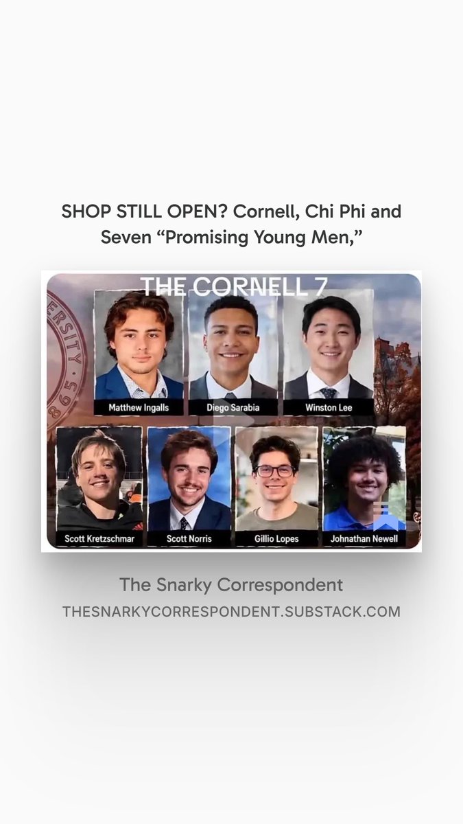 ActivistJody's tweet photo. “Shop still open?” An actual Q posted in a #Cornell frat Snapchat by a frat bro. The “shop” was a 20 yr old woman. 7 men. 1 lawsuit. Reopened criminal investigation. This one is ugly. #CornellUniversity #ConsentMatters #Rape #TheSnarkyCorrespondent https://t.co/c5hdV1XSHP https://t.co/ClMmOek3ur