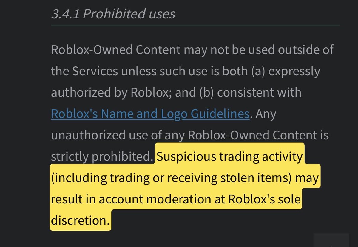RoUtilityNews's tweet photo. Roblox just emailed users about an upcoming Terms of Use update

Starting Nov. 1, Roblox says you can be moderated for trading or receiving stolen items

That means one poisoned item could put your account at risk, making MIDRs for account theft even less useful. https://t.co/Ye3WT56lSq