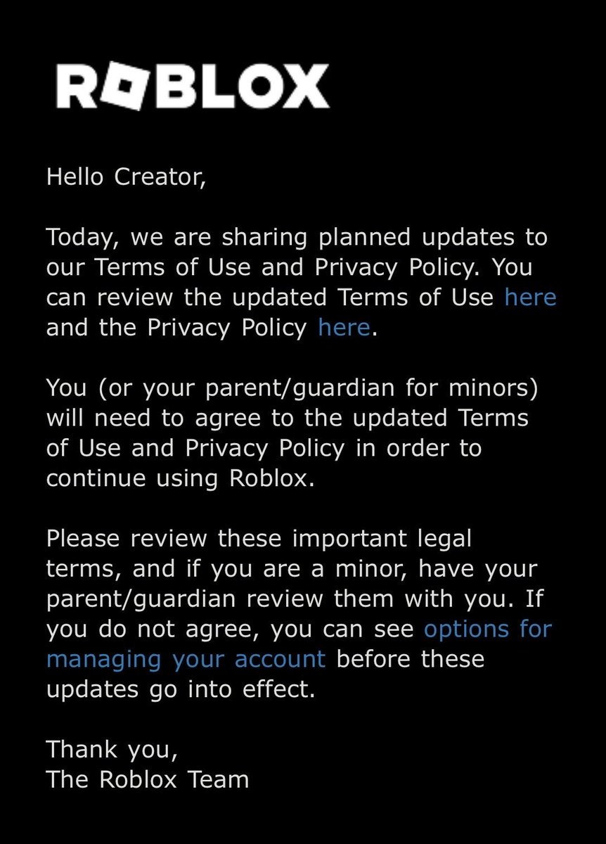 RoUtilityNews's tweet photo. Roblox just emailed users about an upcoming Terms of Use update

Starting Nov. 1, Roblox says you can be moderated for trading or receiving stolen items

That means one poisoned item could put your account at risk, making MIDRs for account theft even less useful. https://t.co/Ye3WT56lSq