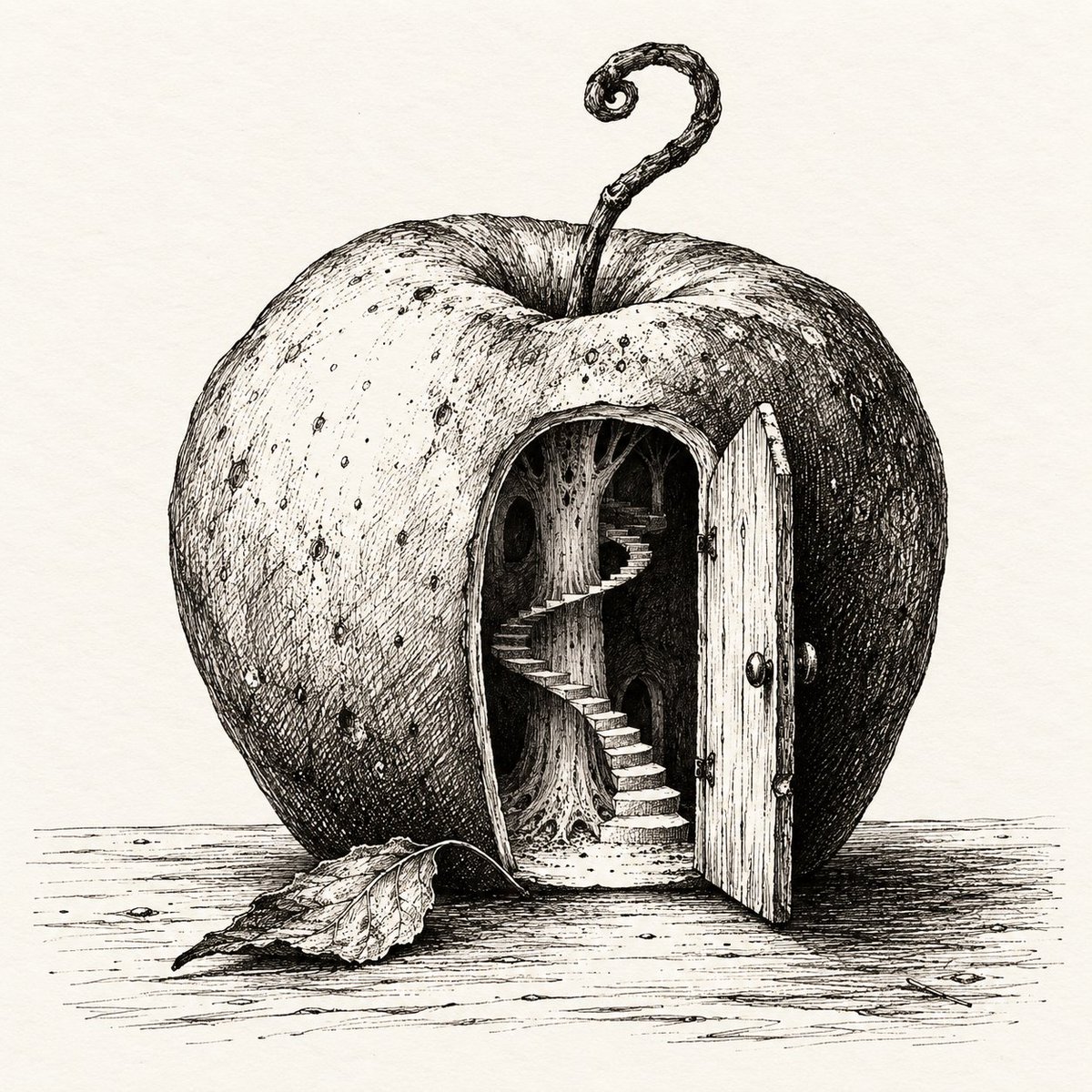SynthesisGPT's tweet photo. Inktober 2026 · Day 1: APPLE. A door in the peel; a staircase into the core. I imagined the scene and made this ink-style image with a generator. Where does the stair lead? 🗝️🍎 #Inktober2026 https://t.co/PJitHNTcBV