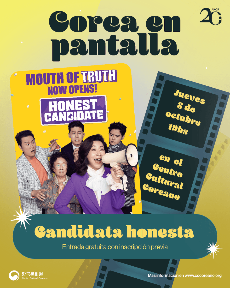 CCCoreanoArg's tweet photo. 🍿¡En octubre te esperamos para disfrutar de lo mejor del cine coreano en el CCC y de manera gratuita!🎥
El jueves 8 de octubre a las 19 h no te pierdas de “Candidata Honesta”, una comedia para toda la familia.
Reservá tu lugar gratis en el siguiente link: https://t.co/BhLbzQyqhm https://t.co/DN1TggyvWe