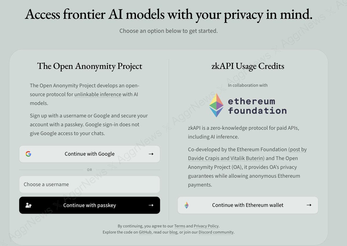AggrNews's tweet photo. OPEN ANONYMITY PROJECT, CO-DEVELOPED BY ETHEREUM FOUNDATION, LAUNCH ZKAPI FOR PRIVATE API PAYMENTS AND AI INFERENCE: BLOG https://t.co/nWl9Pk7I9m