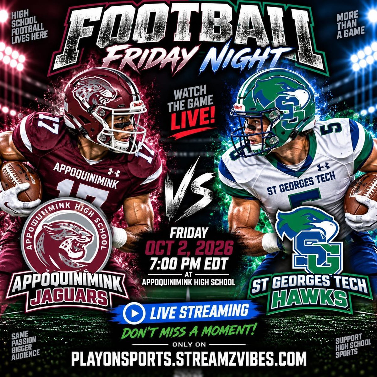diaasports's tweet photo. 📢 GAME OF THE WEEK FOOTBALL
🏈 @AppoFootball l
🆚 @St_GeorgesTHS 

📅 Friday, Oct 2 2026
⏰ at 7:00 PM
🎥 https://t.co/f3fMTJgKrR

@CoachTMorg @AjMartin2027 @_DevonFlowers https://t.co/WnK8eavIck
